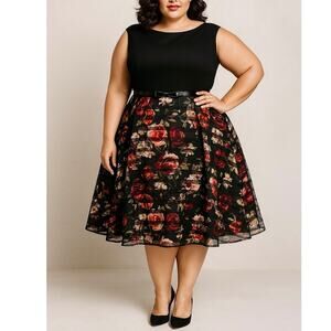 DressBarn 16 fit flare floral midi dress cocktail retro vintage wedding guest